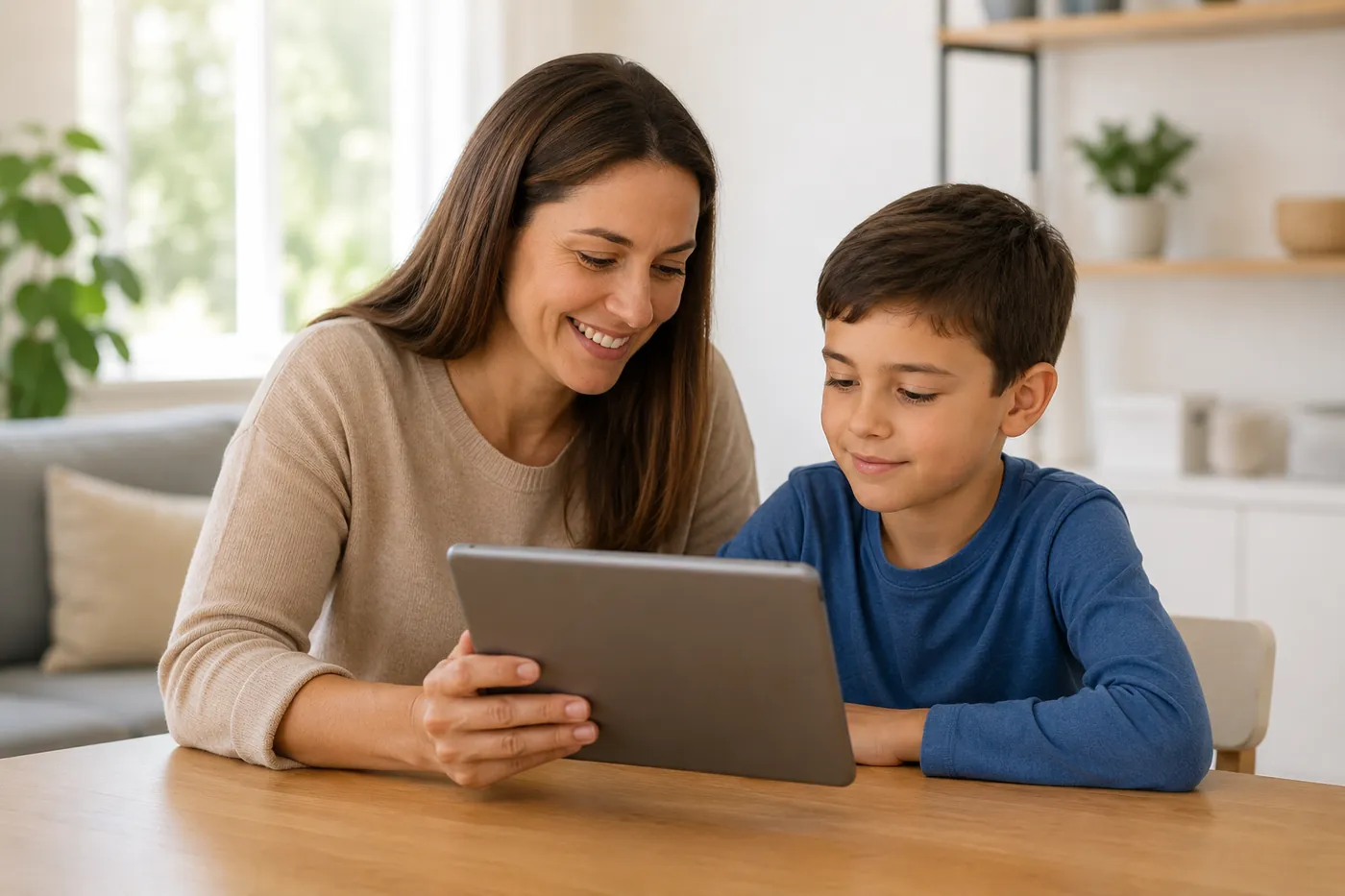 A mother holding a tablet as she and her son look at it together at home