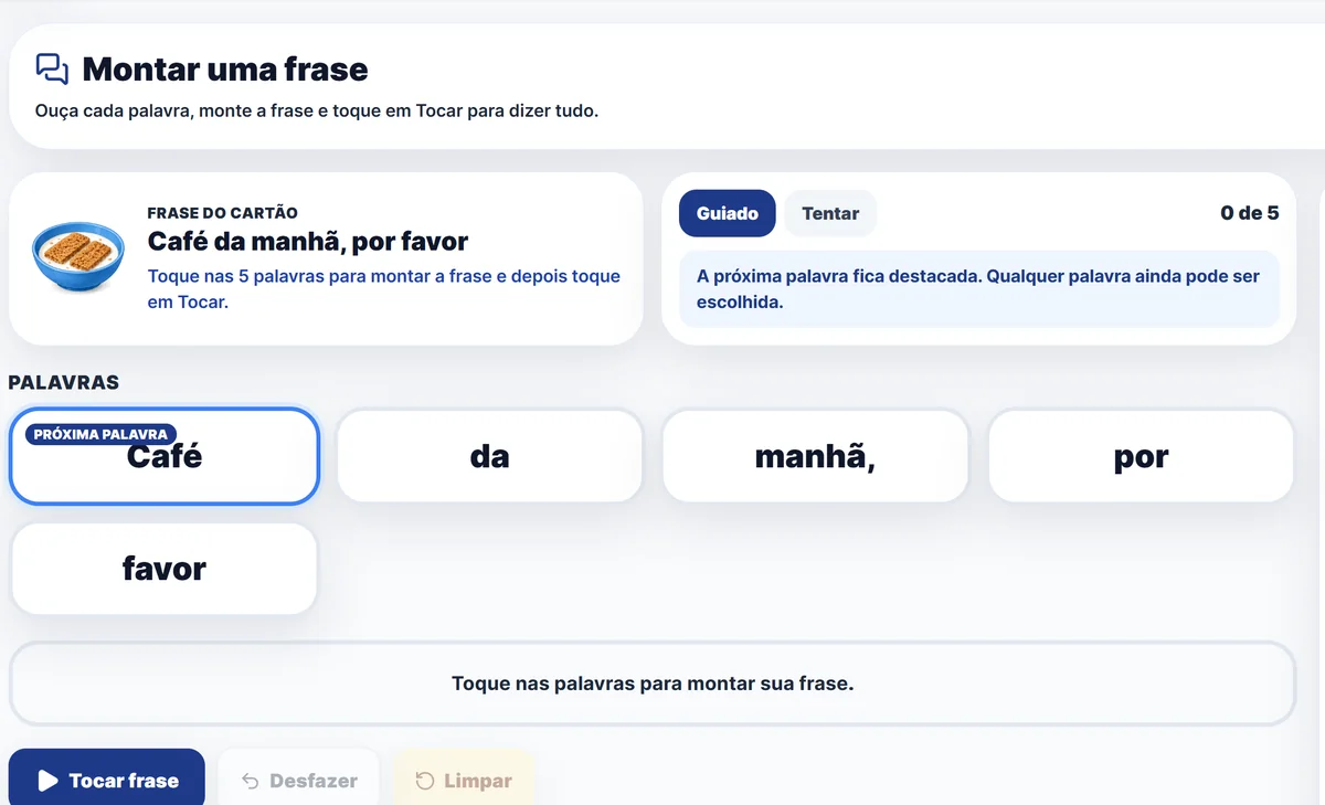 Build a Sentence in Brazilian Portuguese, with the card “Café da manhã, por favor” split into word tiles and a Tocar frase button to hear it